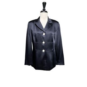 Kelly Graham Fitted Navy Satin Blazer with  Rhinestone Buttons Size 10